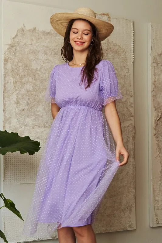 Davi & Dani Mesh Puff Short Sleeve Midi Dress - Brittney MADE