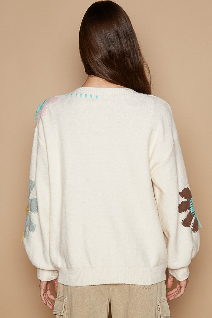 POL V-Neck Long Sleeve Flower Fringe Sweater - Brittney MADE