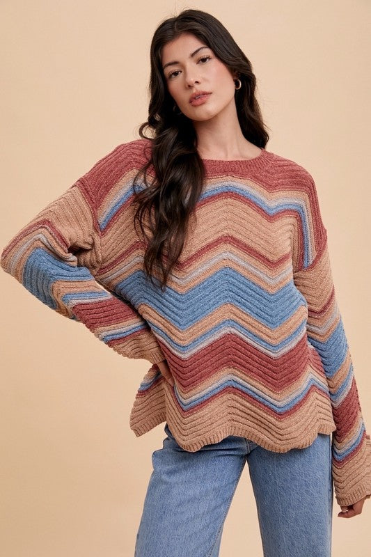 Annie Wear Multi Color Zig-Zag Round Neck Sweater - Brittney MADE