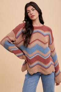 Annie Wear Multi Color Zig-Zag Round Neck Sweater - Brittney MADE