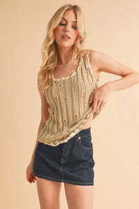 Aemi+Co Distressed Detail Round Neck Knit Tank - Brittney MADE