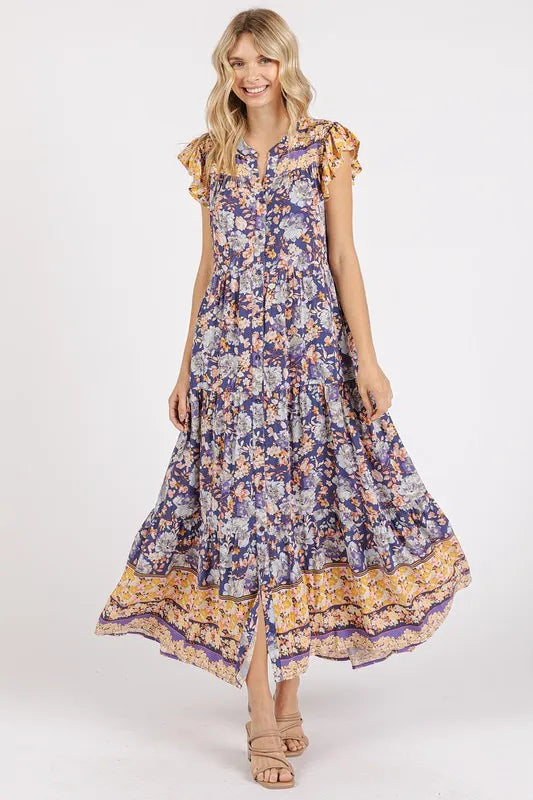 Mittoshop Floral Ruffled Notched Cap Sleeve Maxi Dress - Brittney MADE