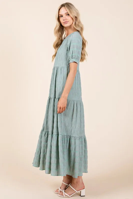 BOMBOM Textured Short Sleeve Tiered Dress - Brittney MADE
