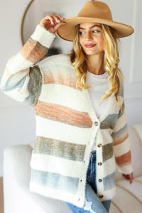 Haptics Full Size Button Down Stripe Soft Fuzzy Sweater Cardigan - Brittney MADE