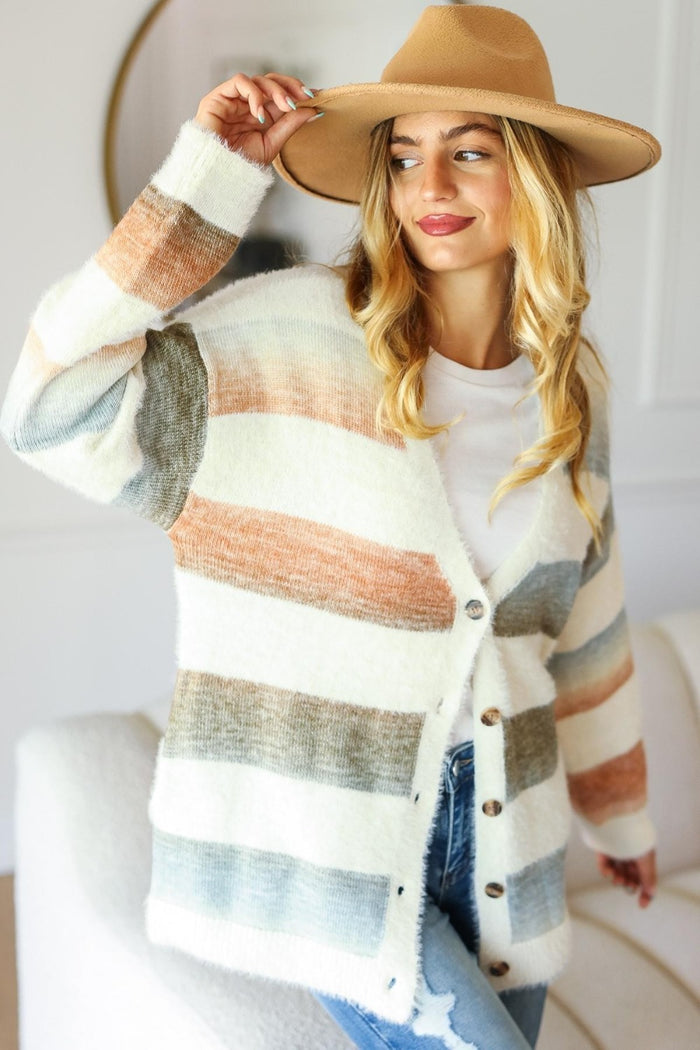 Haptics Full Size Button Down Stripe Soft Fuzzy Sweater Cardigan - Brittney MADE