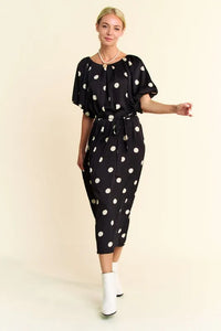 Davi & Dani Polka Dot Puff Sleeves Waist Tie Midi Dress - Brittney MADE