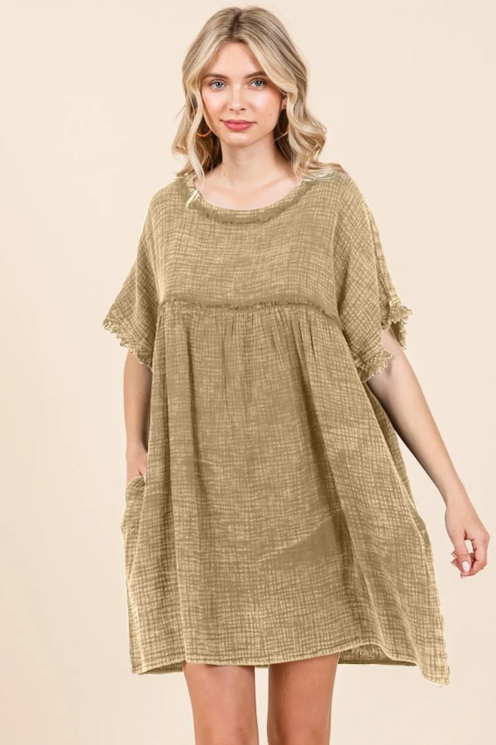 Culture Code Full Size Short Sleeve Babydoll Texture Dress with Pockets - Brittney MADE