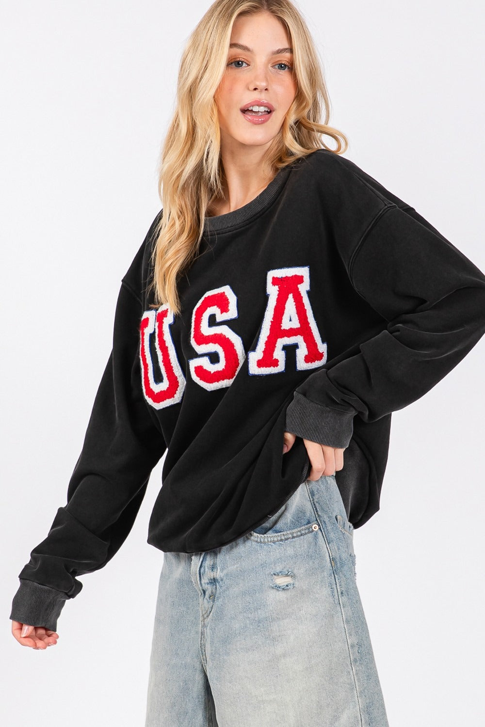 SAGE + FIG USA Letter Patch Round Neck Sweatshirt - Brittney MADE
