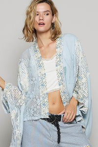 POL Floral Lace Crochet Patch Open Front Double Gauze Cardigan - Brittney MADE