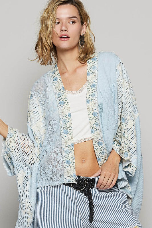 POL Floral Lace Crochet Patch Open Front Double Gauze Cardigan - Brittney MADE
