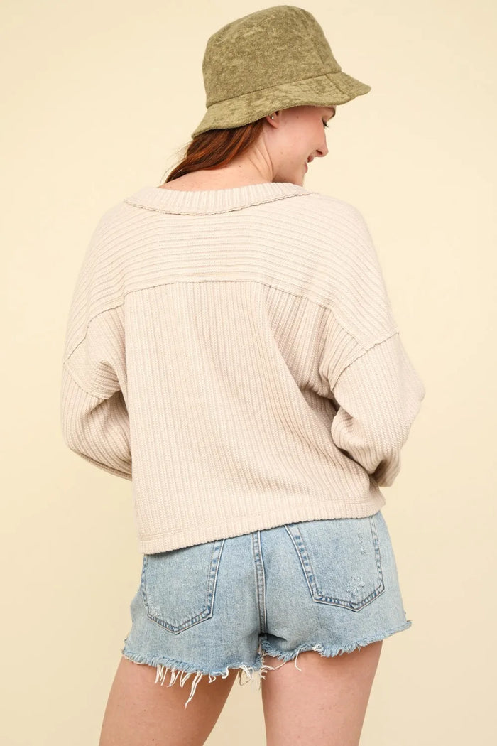 VERY J Exposed Seam V-Neck Ribbed Knit Top - Brittney MADE