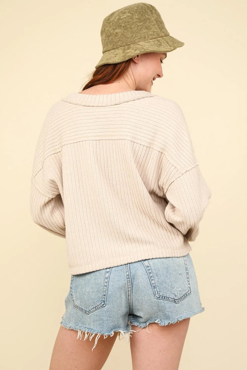 VERY J Exposed Seam V-Neck Ribbed Knit Top - Brittney MADE