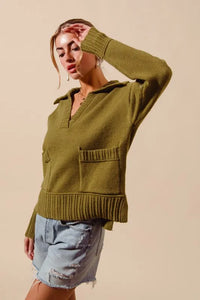 SO ME Flap Collar Sweater Pullover Top with Patch Pocket - Brittney MADE