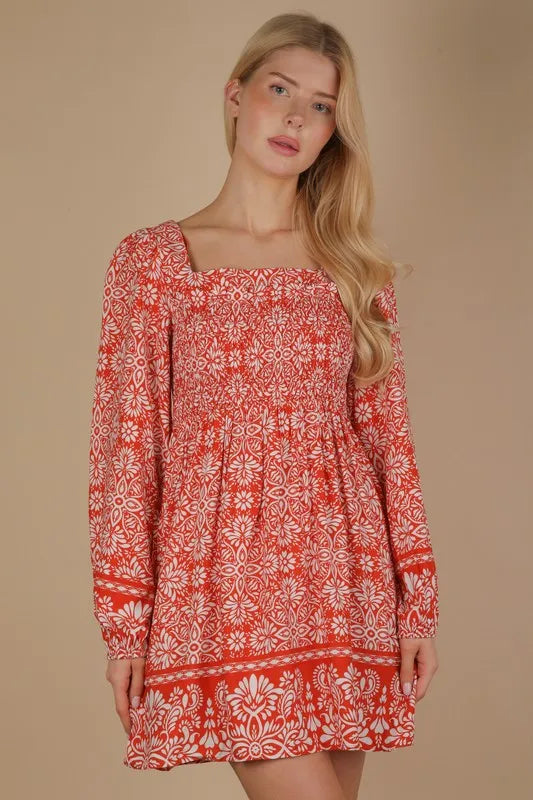 VERY J Printed Smocked Chest Boho Mini Dress - Brittney MADE