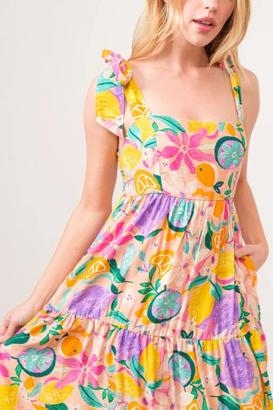 And The Why Shoulder Strap Tropical Fruit Printed Tiered Maxi Dress - Brittney MADE