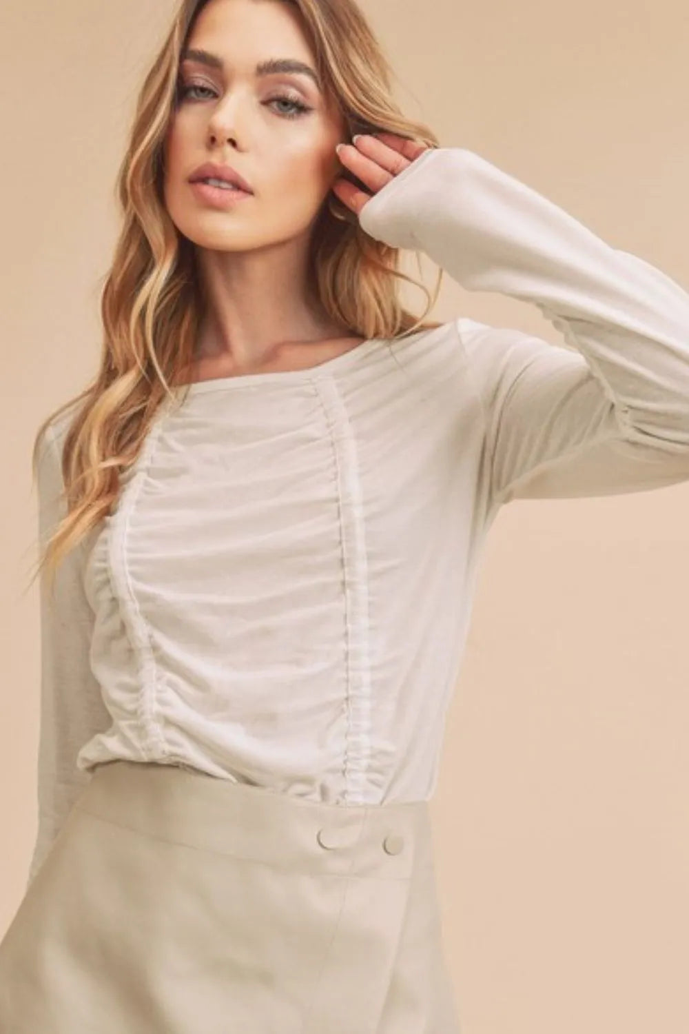Aemi + Co Ruched Front Round Neck Long Sleeve T-Shirt - Brittney MADE