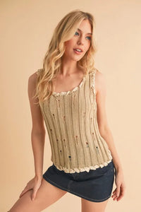 Aemi+Co Distressed Detail Round Neck Knit Tank - Brittney MADE