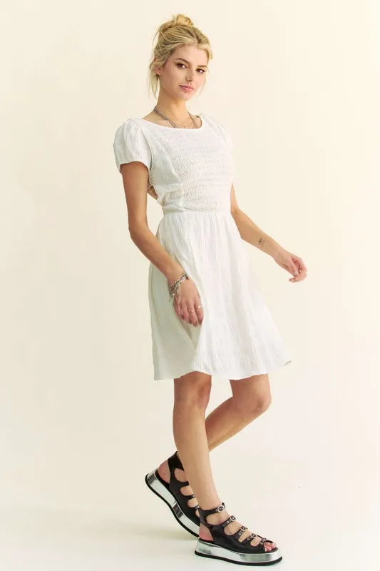 Davi & Dani Crossed Back Short Sleeve Dress with Pockets - Brittney MADE