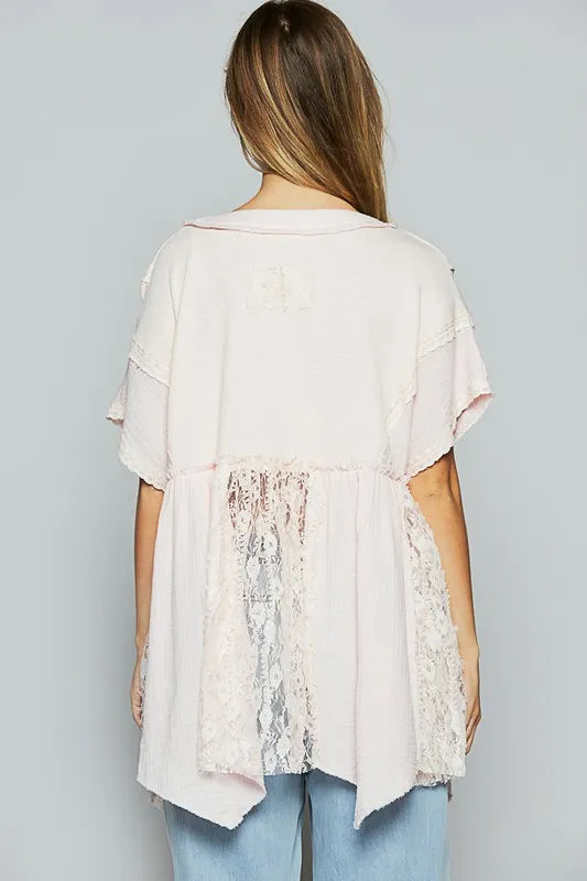POL Lace Trim V-Neck Short Sleeve Knit Top - Brittney MADE