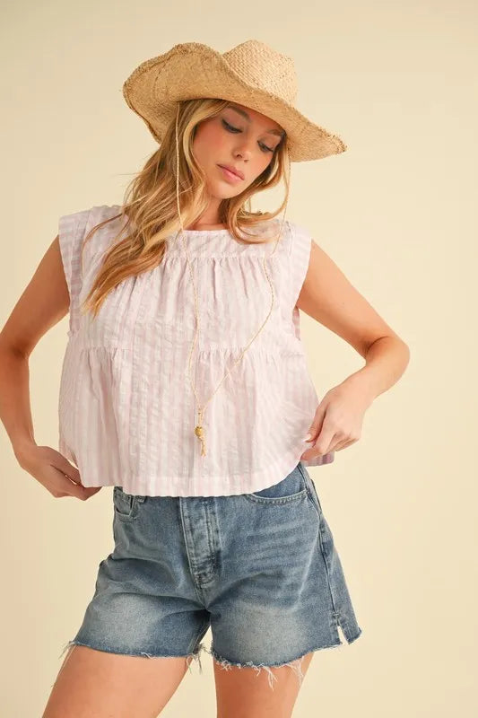Aemi+Co Ruched Striped Round Neck Sleeveless Top - Brittney MADE