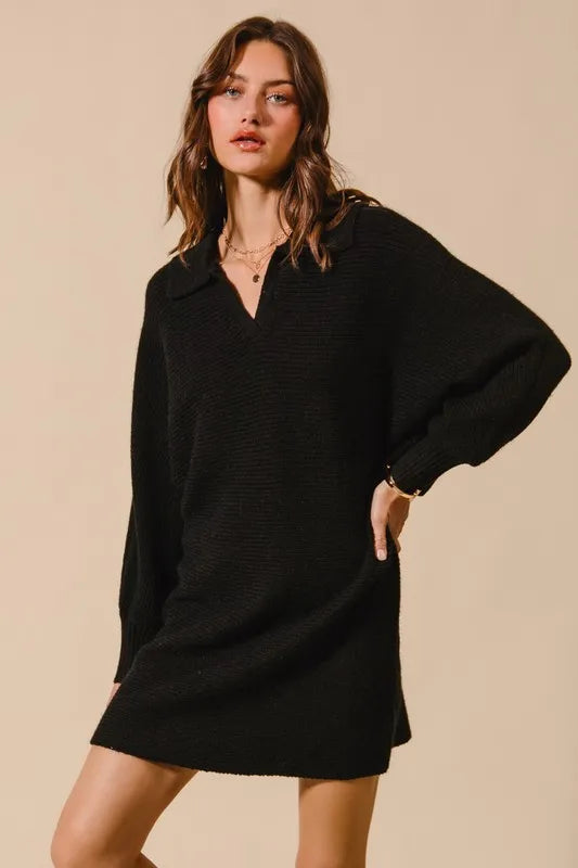 SO ME Ribbed Knit Collar Neck Dress - Brittney MADE