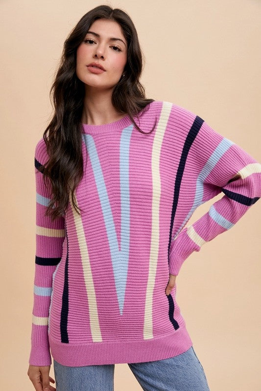 Annie Wear Chevron Stripe Round Neck Ribbed Sweater - Brittney MADE