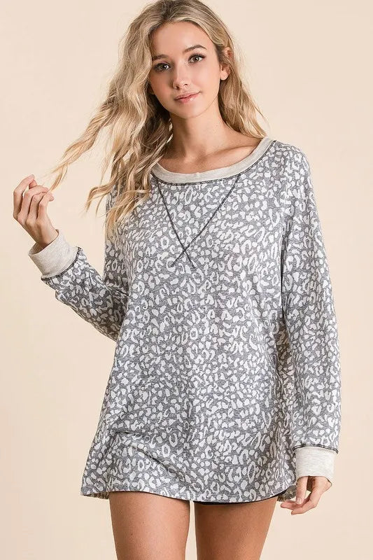 BiBi Leopard Round Neck Long Sleeve T-Shirt - Brittney MADE