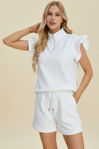 Double Take Full Size Texture Flounce Sleeve Top and Shorts Set - Brittney MADE