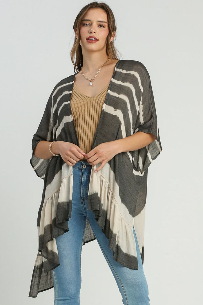 Umgee Full Size Tie Dye Back String Tie Open Front Kimono Sleeve Cover Up Plus Size - Brittney MADE