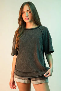 VERY J Plus Size Mineral Washed Ribbed Knit Casual Top - Brittney MADE