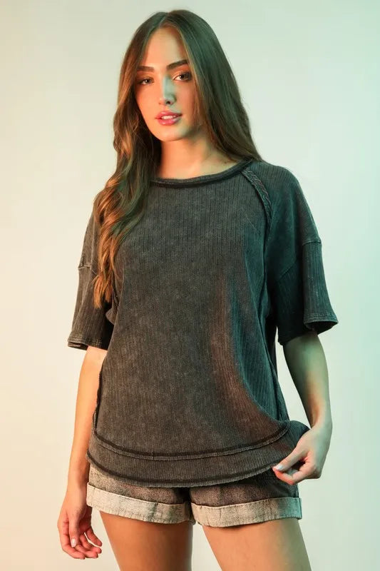 VERY J Plus Size Mineral Washed Ribbed Knit Casual Top - Brittney MADE
