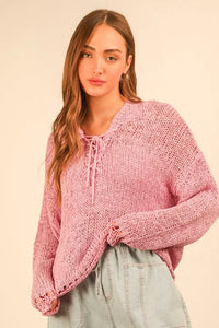 VERY J Oversized Openwork Lace Up Hooded Sweater - Brittney MADE