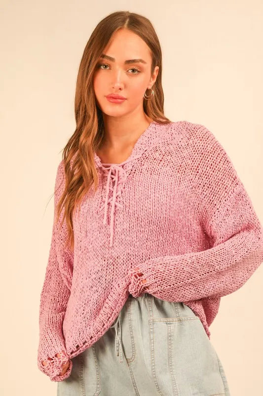VERY J Oversized Openwork Lace Up Hooded Sweater - Brittney MADE