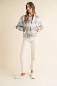 MABLE Plaid Print Fuzzy Bomber Jacket - Brittney MADE