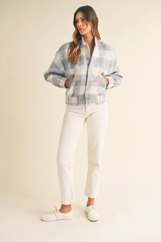 MABLE Plaid Print Fuzzy Bomber Jacket - Brittney MADE