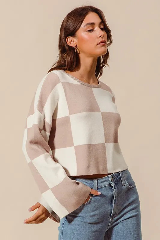 SO ME Checkered Crop Sweater with Bell Sleeves - Brittney MADE