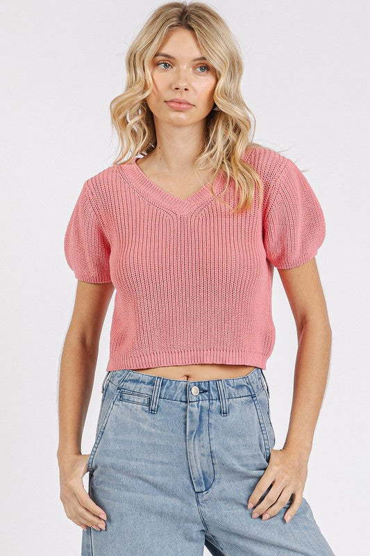 Mittoshop V-Neck Short Sleeve Crop Sweater - Brittney MADE