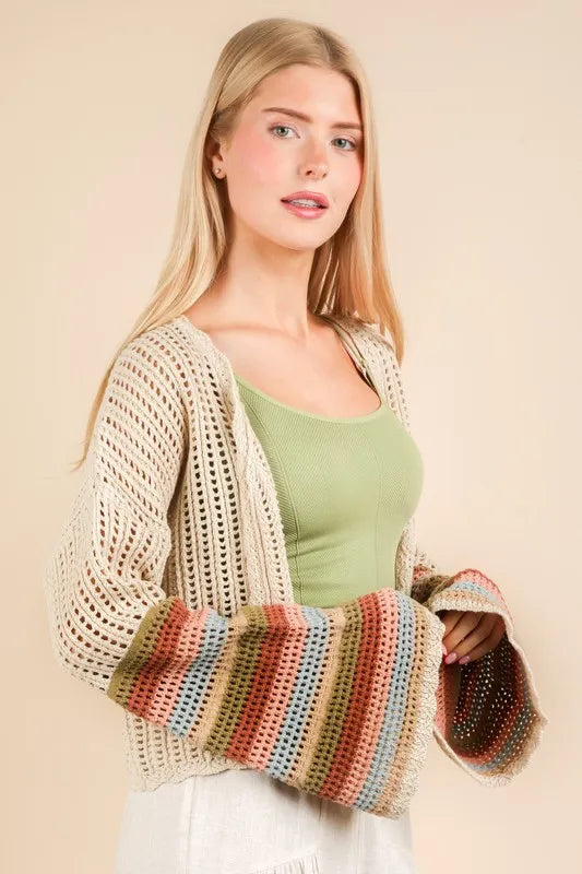 VERY J Color Block Bell Sleeve Openwork Cardigan - Brittney MADE