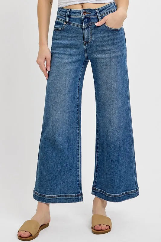RISEN Full Size High Rise Crop Wide Leg Front Yoke Detail Jeans Plus Size - Brittney MADE
