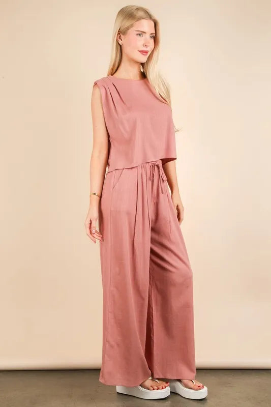 VERY J Solid Woven Top & Pants Set - Brittney MADE