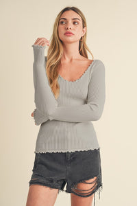 Aemi + Co Lettuce Hem Scoop Neck Long Sleeve Knit Top - Brittney MADE