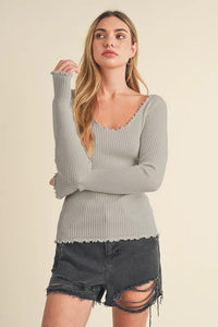 Aemi + Co Lettuce Hem Scoop Neck Long Sleeve Knit Top - Brittney MADE