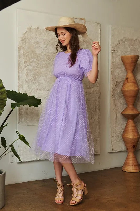 Davi & Dani Mesh Puff Short Sleeve Midi Dress - Brittney MADE