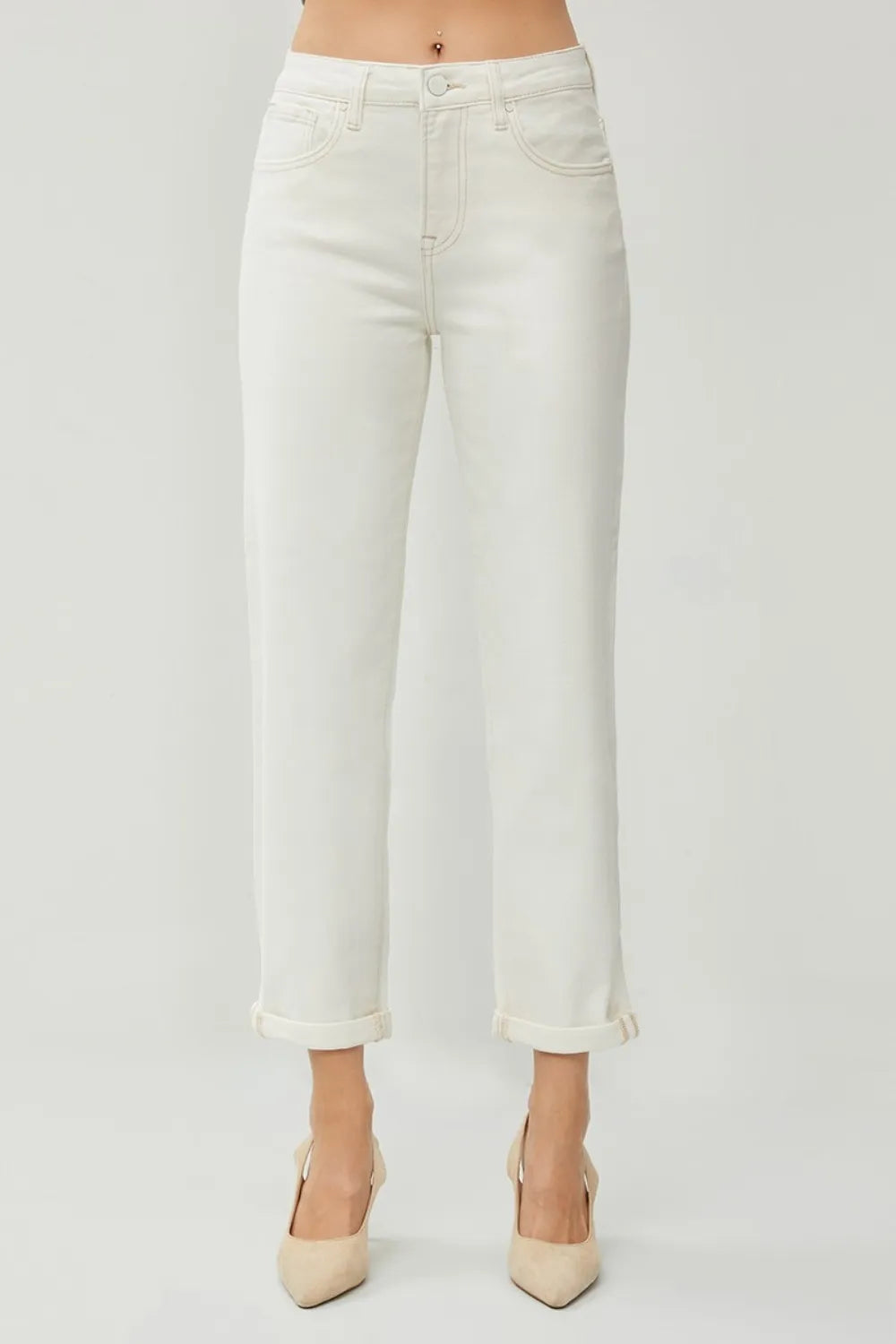 RISEN Full Size High Waist Rolled Hem Straight Jeans - Brittney MADE