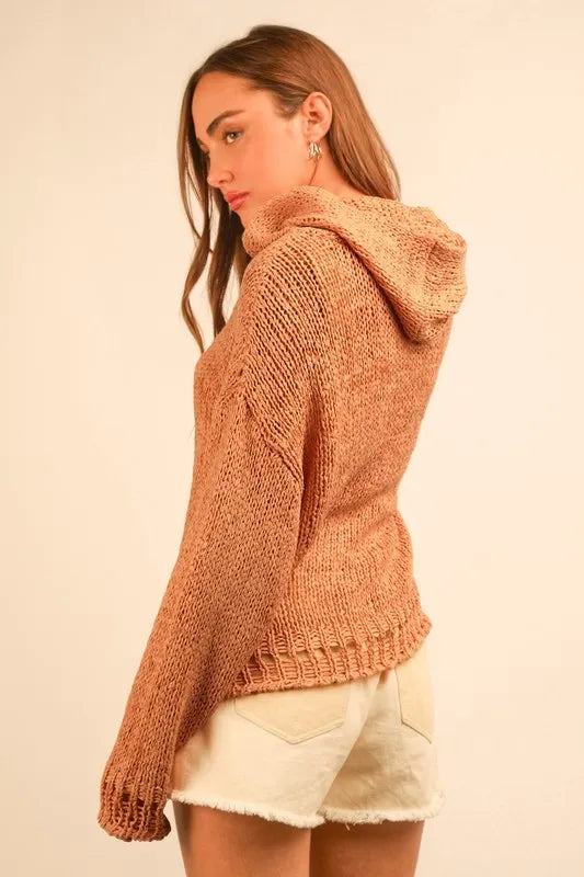 VERY J Oversized Openwork Lace Up Hooded Sweater - Brittney MADE