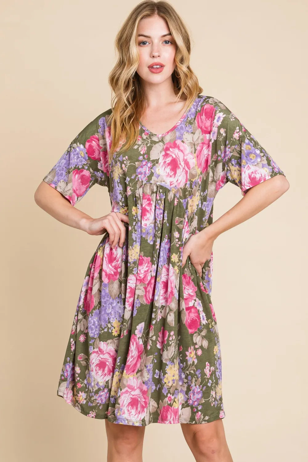 BOMBOM Flower Print V-Neck Ruched Dress - Brittney MADE