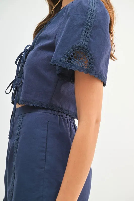MABLE Crochet Lace Detail Crop Top and Shorts Set - Brittney MADE