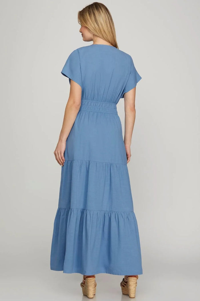 She + Sky Surplice Short Sleeve Tiered Maxi Dress With Pockets - Brittney MADE