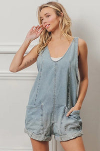 BiBi Folded Hem Vintage Washed Denim Overalls - Brittney MADE