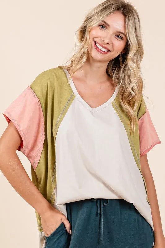 Mittoshop Color Block V-Neck Short Sleeve T-Shirt - Brittney MADE